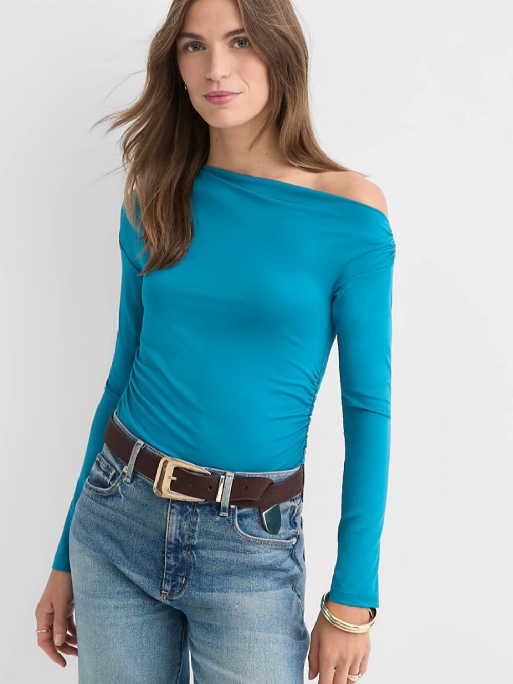 LOFT Asymmetrical Ruched Off Shoulder Top, Ocean Blue - Size M (NWT)